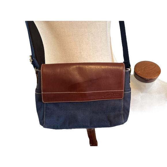 Fossil Denim and brown leather small messenger bag with adjustable crossbody - Picture 3 of 9
